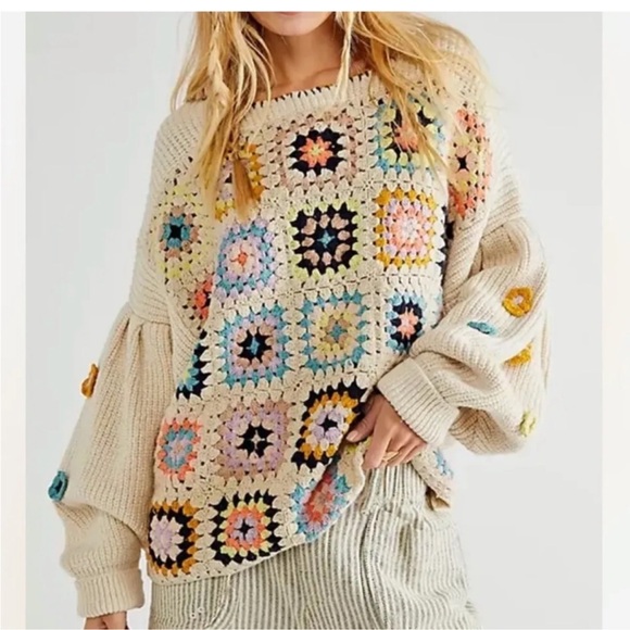 Free People Sweaters - Free people Ambrose crochet sweater pullover granny square dropped sleeve